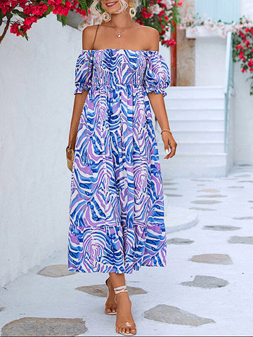 Woochic robe longue imprimé à fleurie col bateau manches bouffantes bohème de plage Bleu S